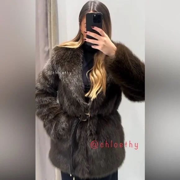 Zara FAUX FUR COAT WITH BELT - Picture 5 of 13